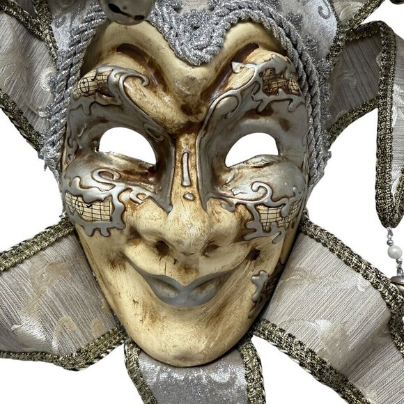 Jester Mask Venetian Style Masquerade Mardigras Wearable Golden Silver Brocade C - Picture 2 of 12
